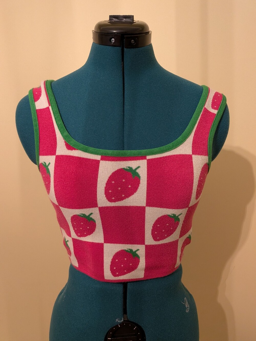 debut Pink and White Strawberry Knit Crop Top with Green Trim